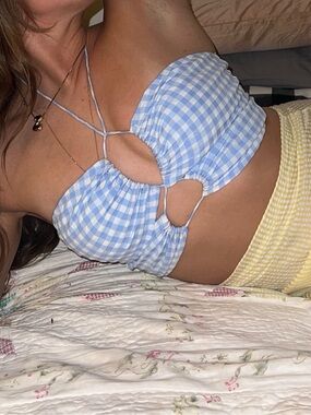 Mahina Light Blue and White Gingham Halter Top